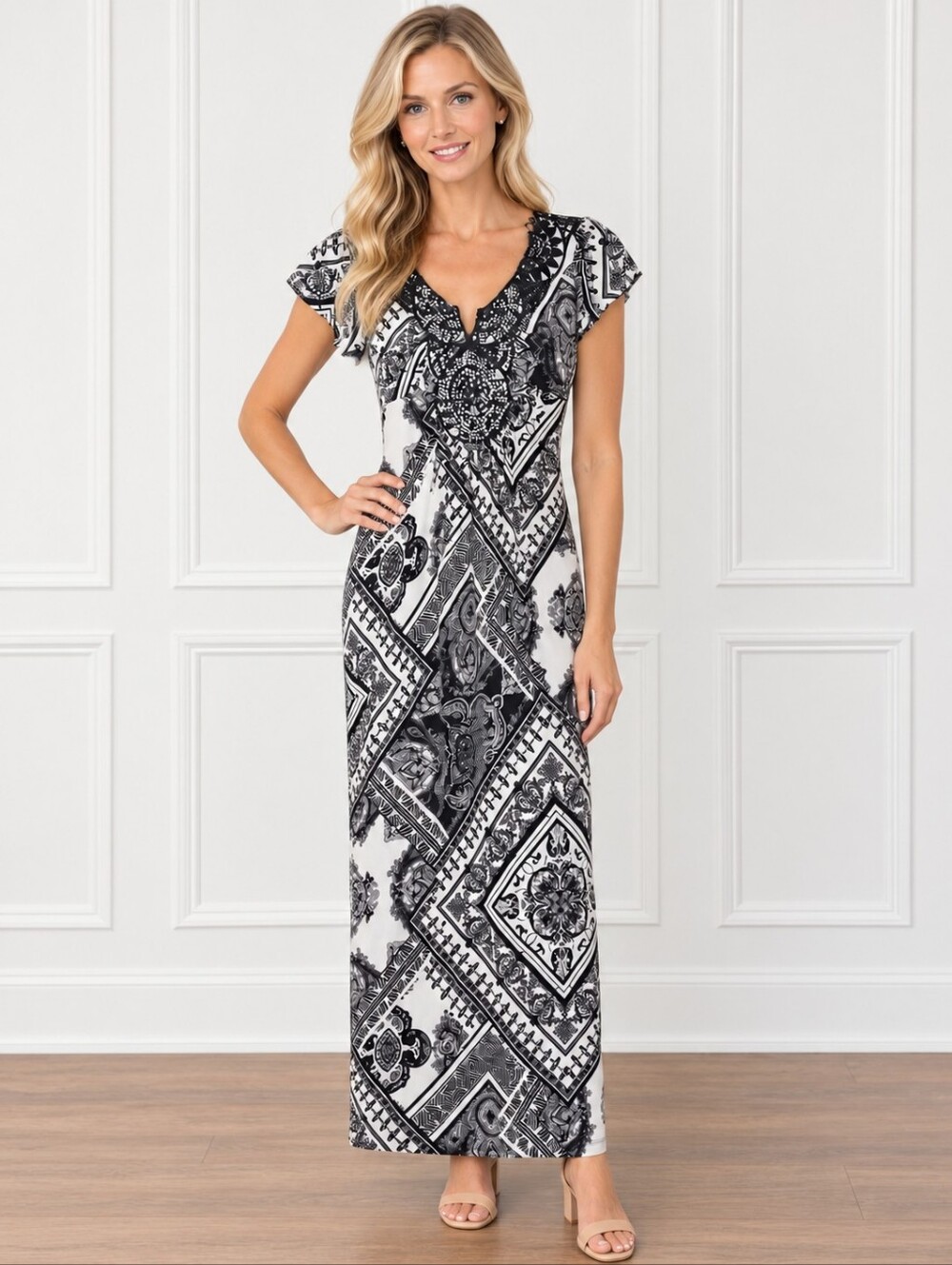Style & Co Short Sleeve Beaded Bohemian Maxi Dress Black White NWT Size PP